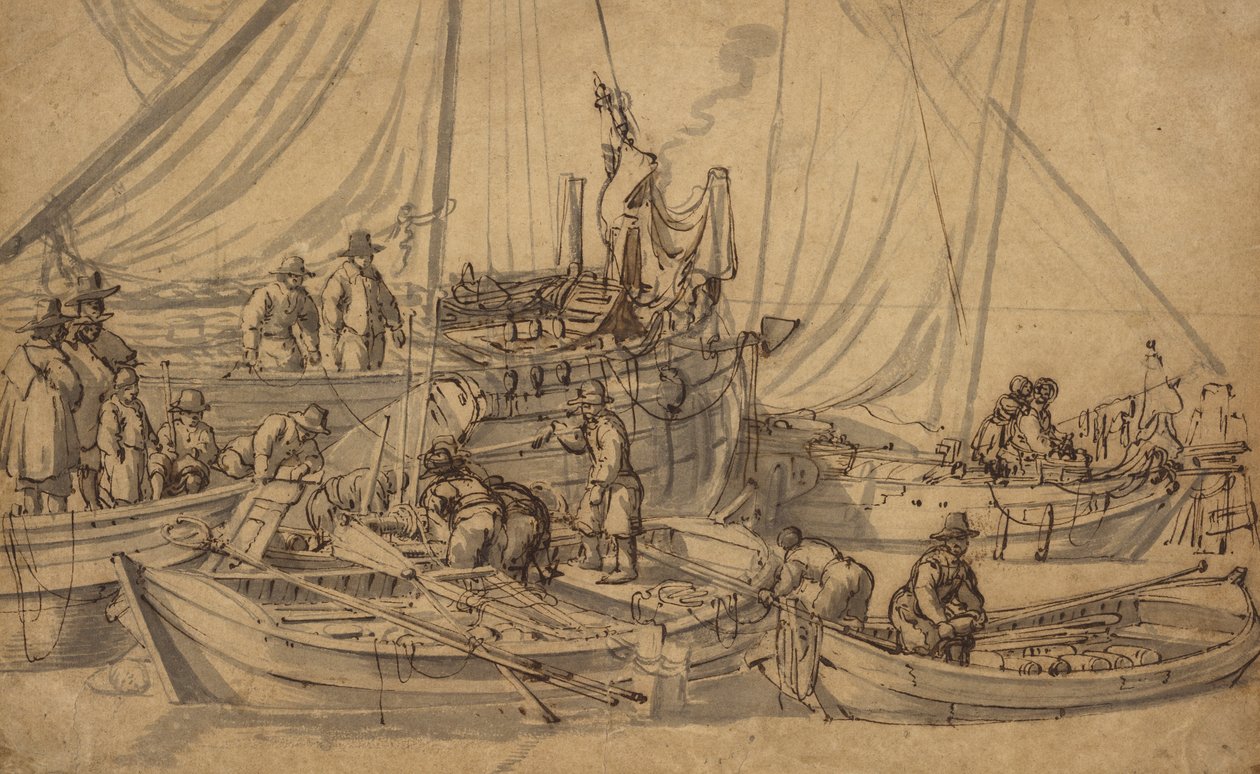 Figurer ombord på små handelsfartyg, ca 1650-5 (penna, brunt bläck och tvättritning) av Willem van de Velde