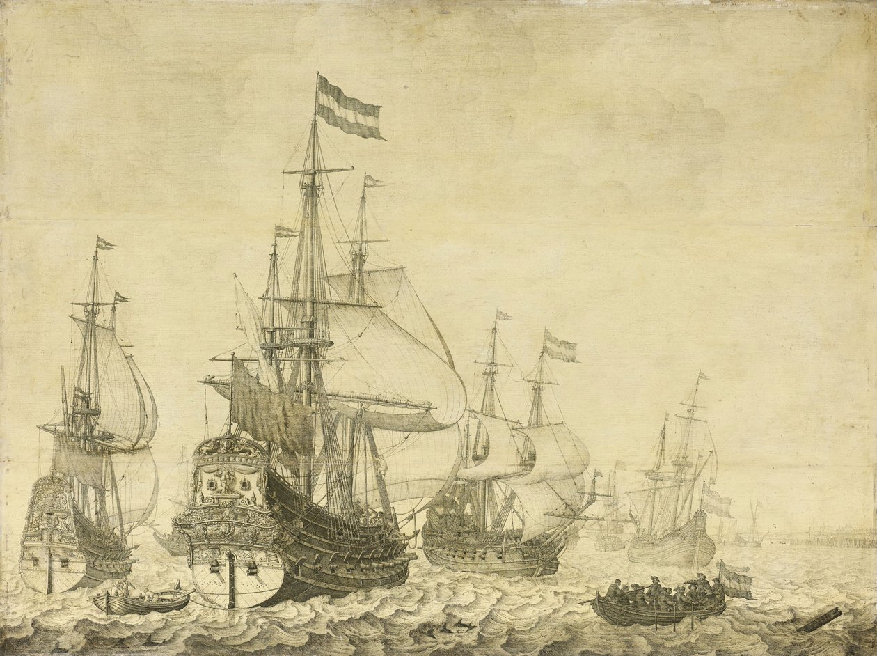 Havslandskap med holländska krigsmän inklusive Drenthe och prins Frederick-Henry, ca 1670 (målning på panel) av Willem van de Velde