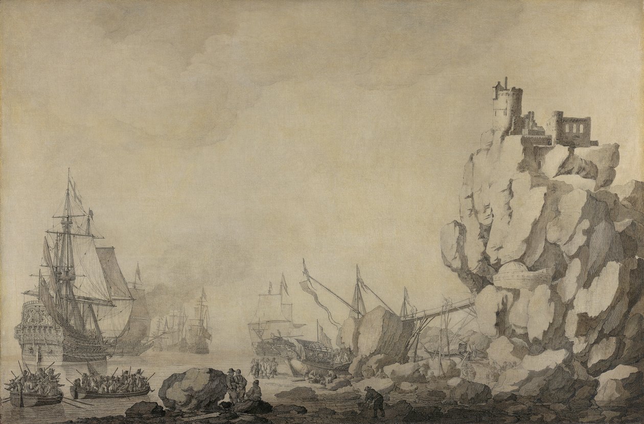 Skepp och milis vid en stenig strand av Willem van de Velde the Elder