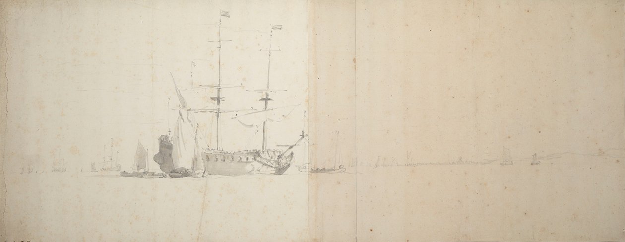Ett holländskt fartyg ligger för ankar utanför land, ca 1666 (grafit) av Willem van de Velde the Younger
