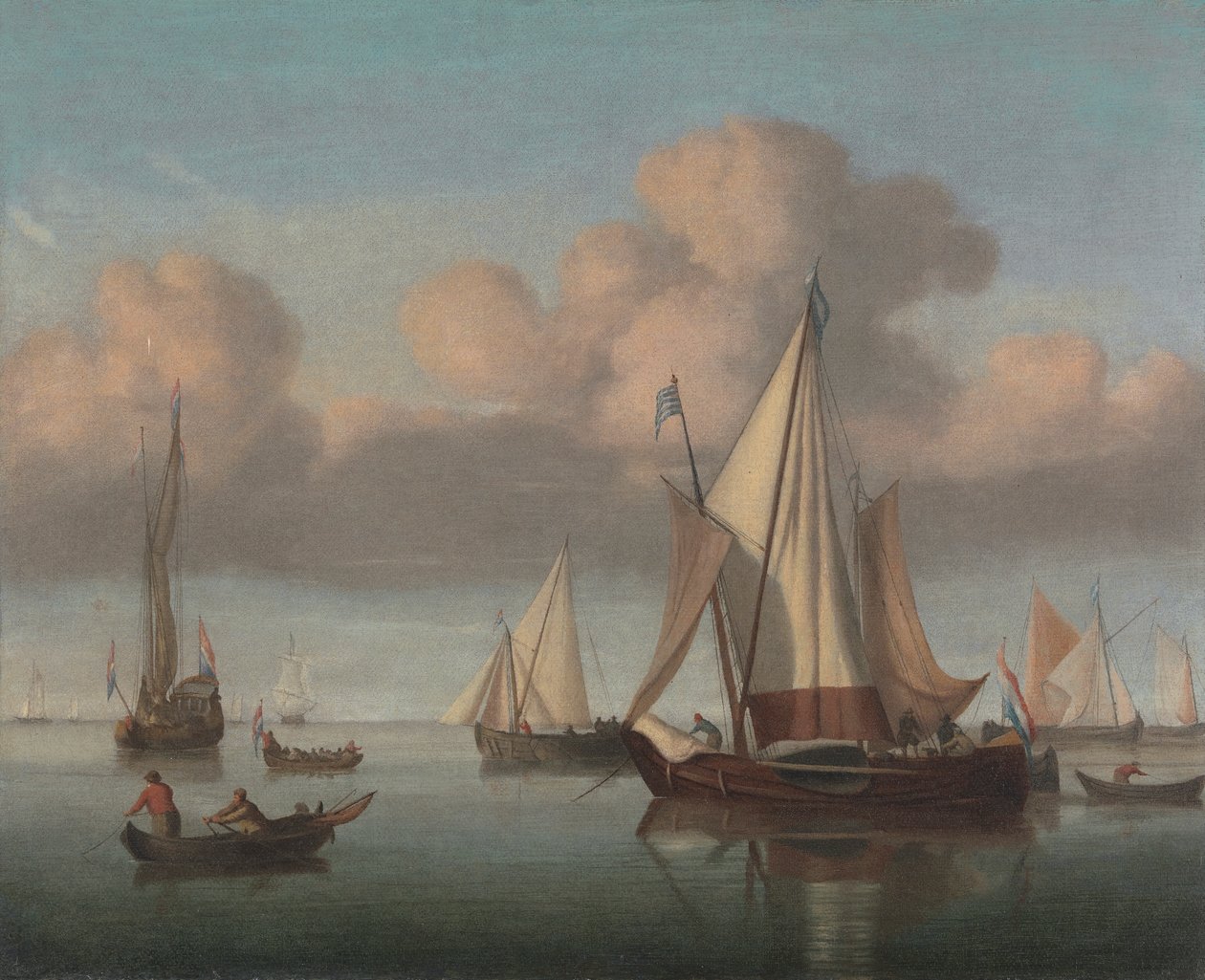 En Kaag för ankar med segel hissade och en statsyacht och andra fartyg av Willem van de Velde the Younger