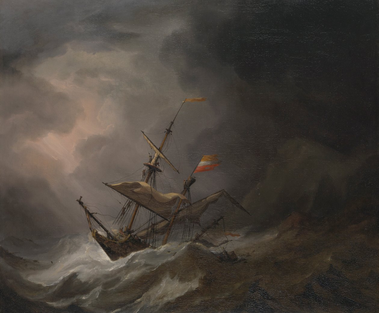 En medelhavsbrigantin som driver upp på en klippig kust i storm, ca 1700 (olja på duk) av Willem van de Velde the Younger