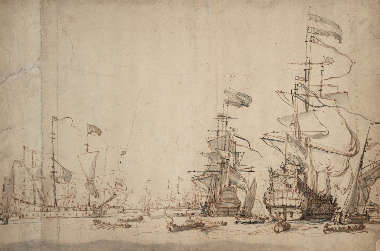 Ett krigsråd i den holländska flottan Maj 1665, ca 1674 (penna, brunt bläck, grå lav) av Willem van de Velde the Younger