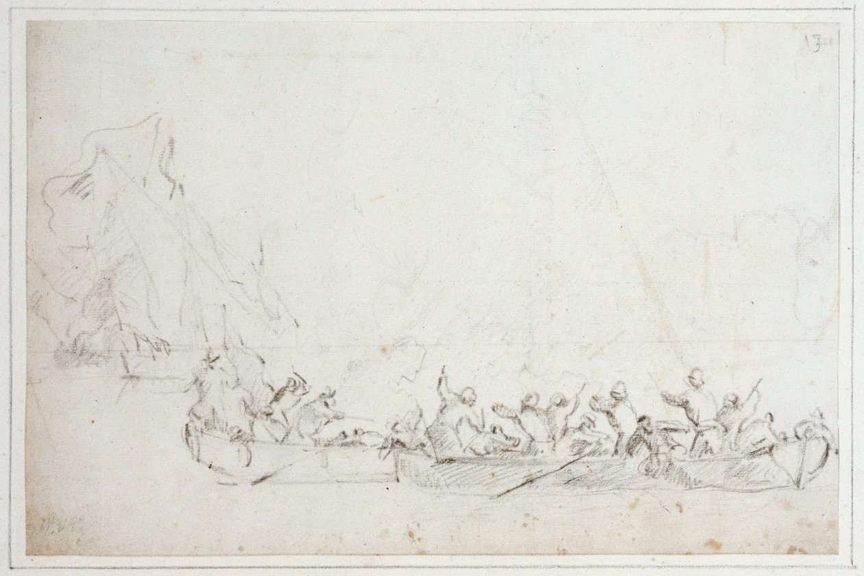 En strid i båtar mellan holländska eller engelska pirater och pirater från Barbaresk, ca 1675 (krita) av Willem van de Velde the Younger