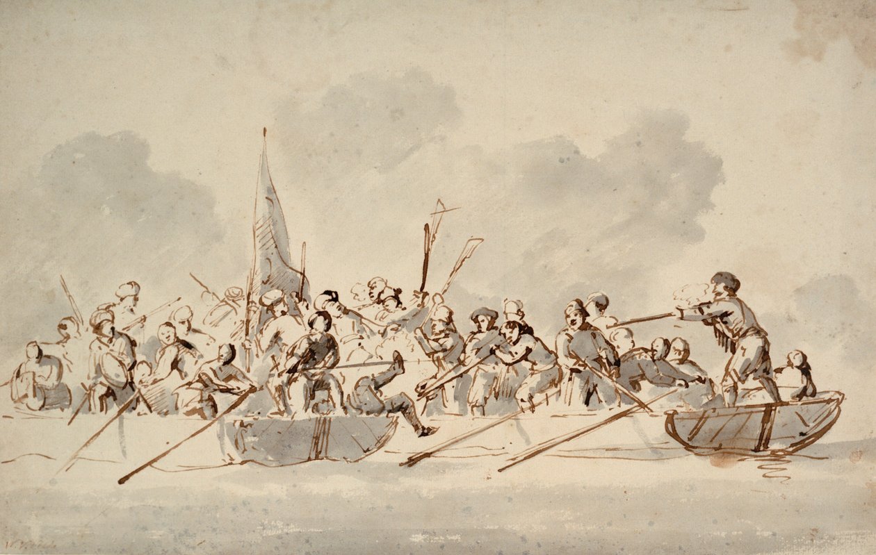 En strid i båtar med barbariska pirater, ca 1685 (teckning) av Willem van de Velde the Younger