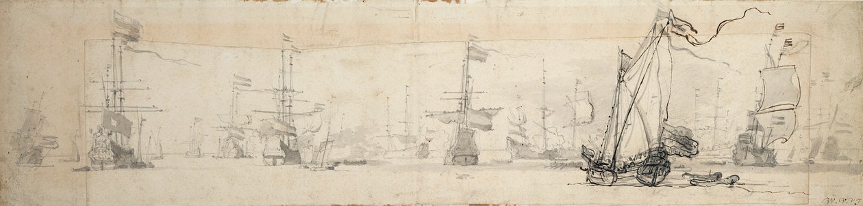 En statlig yacht under segel och fartyg vid ankar, ca 1665 (grafit, grå lav) av Willem van de Velde the Younger