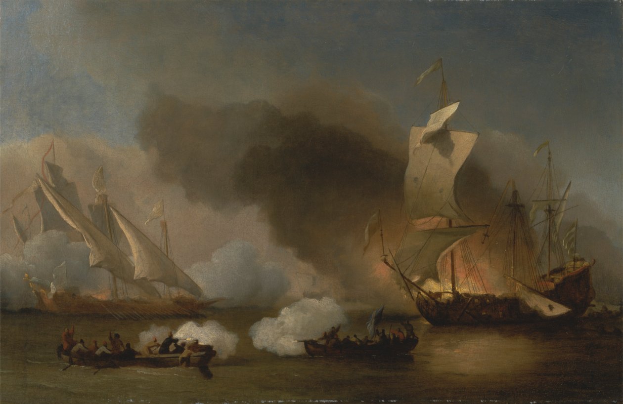 En aktion mellan engelska fartyg och Barbary Corsairs av Willem van de Velde the Younger