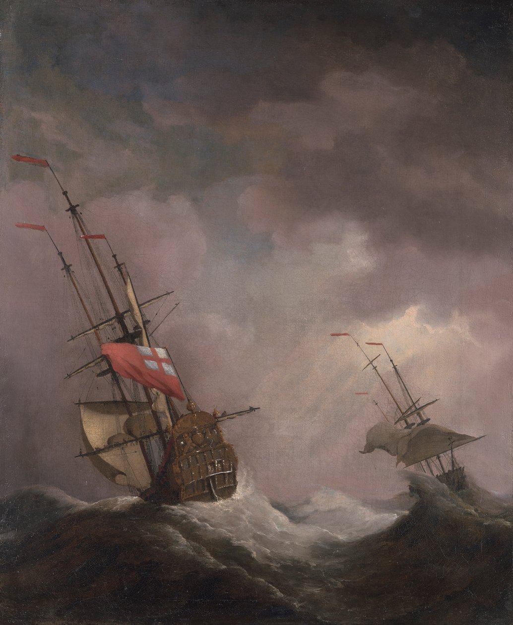 Ett engelskt skepp till sjöss som kör i storm av Willem van de Velde the Younger