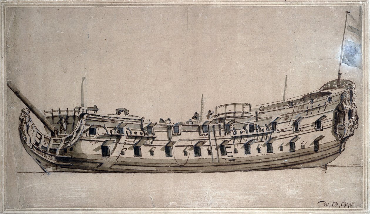 Brittiskt fartyg av fjärde klass med 42 kanoner, byggt ca 1675. Tuschteckning av Willem van de Velde den yngre (1633-1707) av Willem van de Velde the Younger