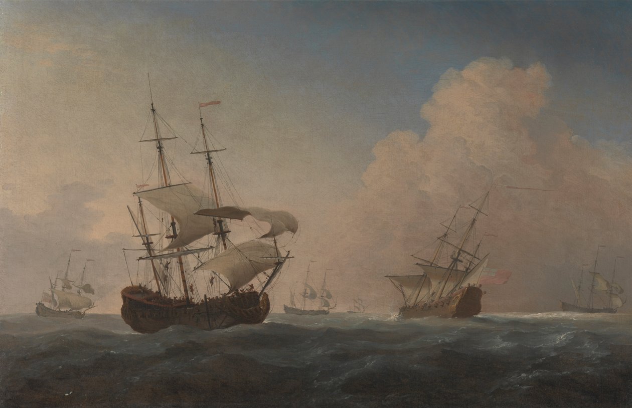 Engelska krigsskepp krängning i brisen offshore av Willem van de Velde the Younger