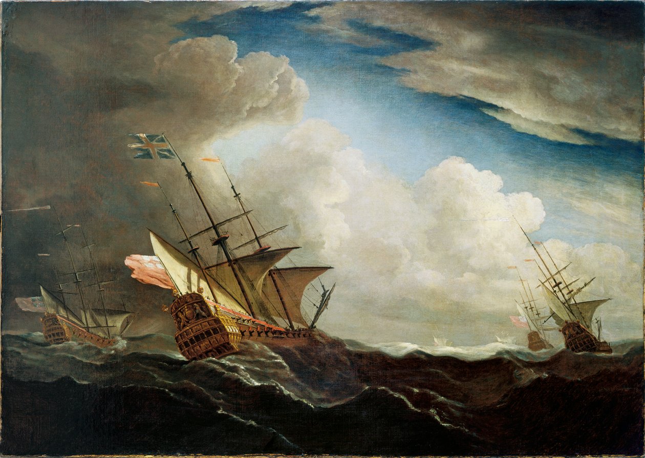 Engelska fartyg till sjöss som slår mot vinden i en kuling, ca 1690 (olja på duk) av Willem van de Velde the Younger