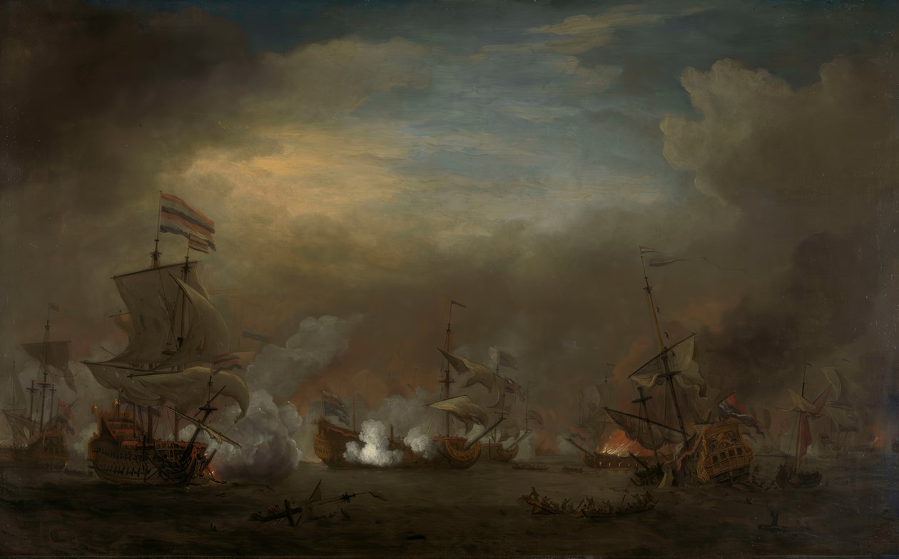 Nattlig havsstrid mellan Cornelis Tromp på Gouden Leeuw och Sir Edward Spragge på Royal Prince av Willem van de Velde the Younger