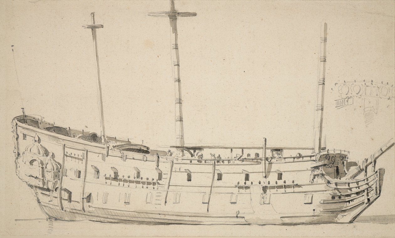 Porträtt av en tvådäckare, ca 1675 (grafit, grå lav) av Willem van de Velde the Younger