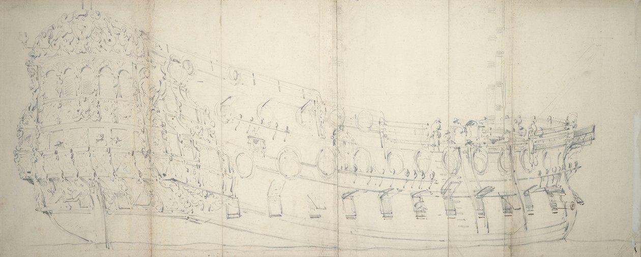 Porträtt av ett engelskt tredjerangsfartyg, ca 1680 (grafit, penna, bläck) av Willem van de Velde the Younger