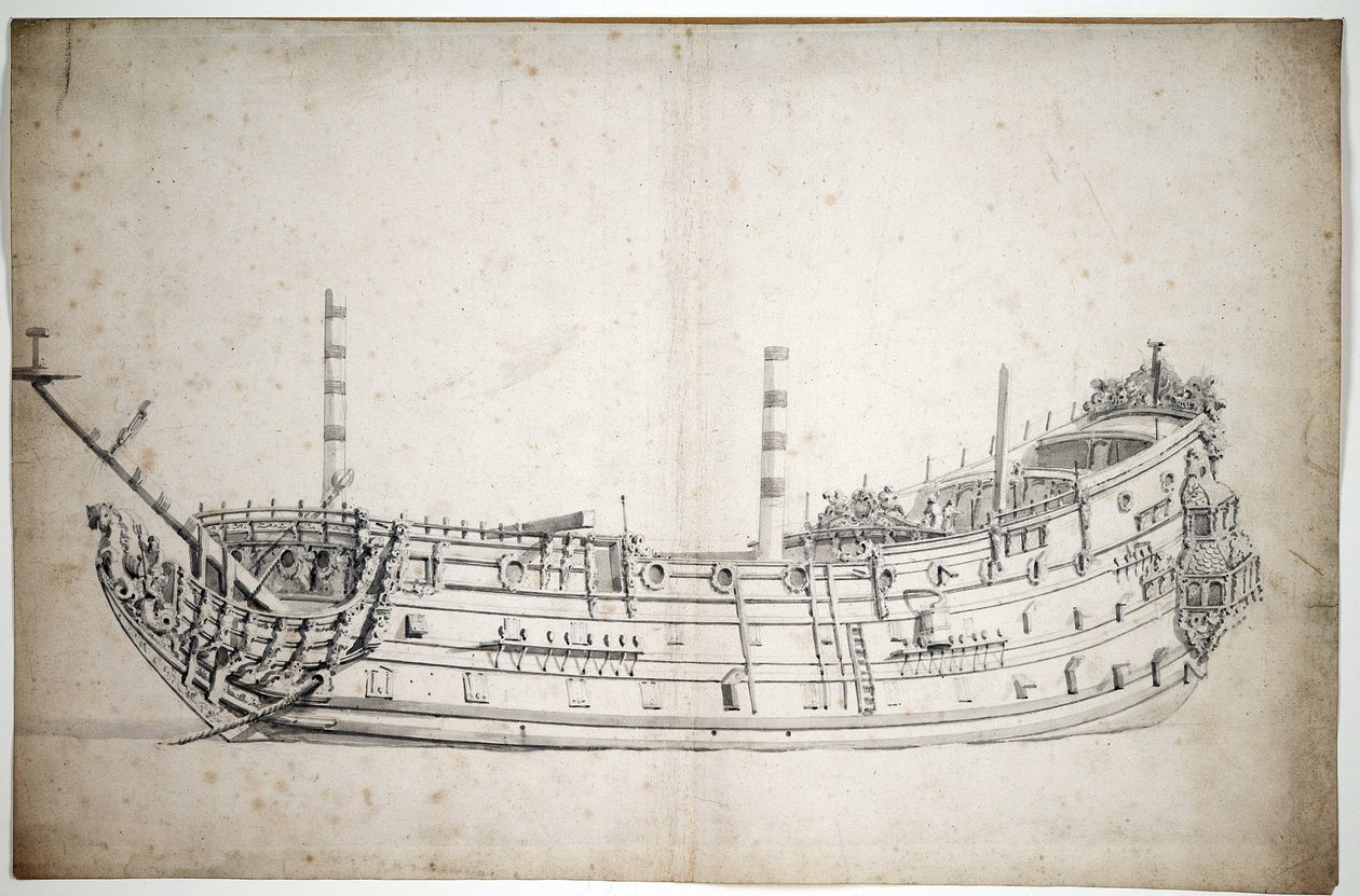 Porträtt av fartyget "Triumph" (eller "Saint George"), 70 kanoner, byggt 1623, med en huvudfigur föreställande Neptunus och två sjöhästar, med tre kompletta däck av Willem van de Velde the Younger