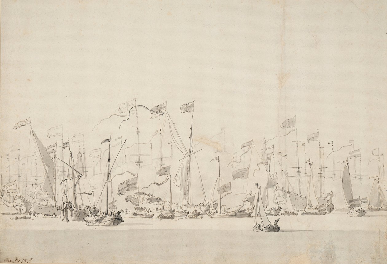 Flodspel på Y:et i Amsterdam till ära för prinsen av Oranien, 5/15 juni 1660, ca 1675 (penna, lavering) av Willem van de Velde the Younger