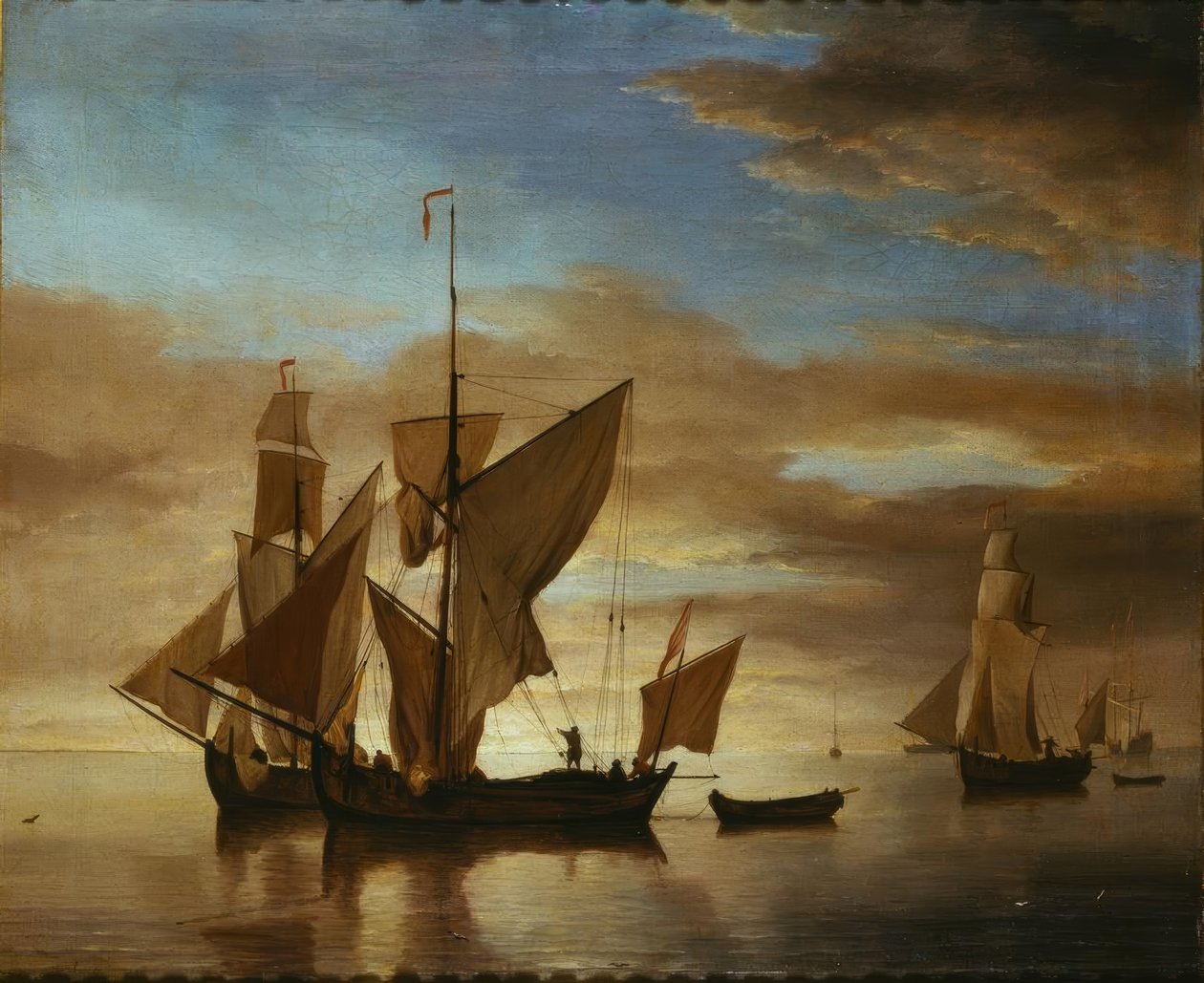 Skeppar på lugna hav i kvällsljuset av Willem van de Velde the Younger