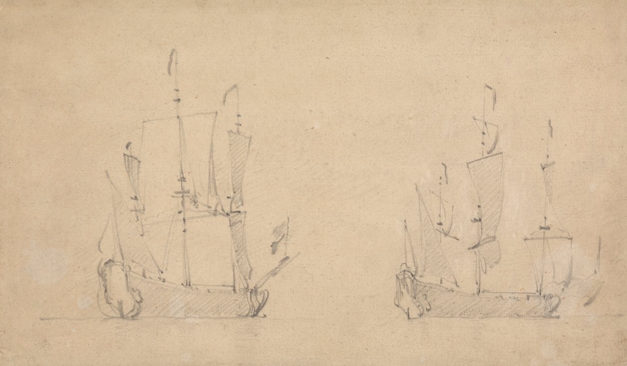 Styrbord kvartsvy av ett flaggskepp i ljus luft och liknande vy av ett annat av Willem van de Velde the Younger
