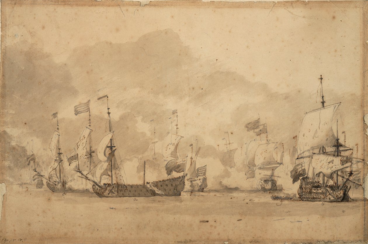 Slaget vid Texel (Kijkduijn) 11-21 augusti 1673, ca 1673 (grafit, grå lav) av Willem van de Velde the Younger