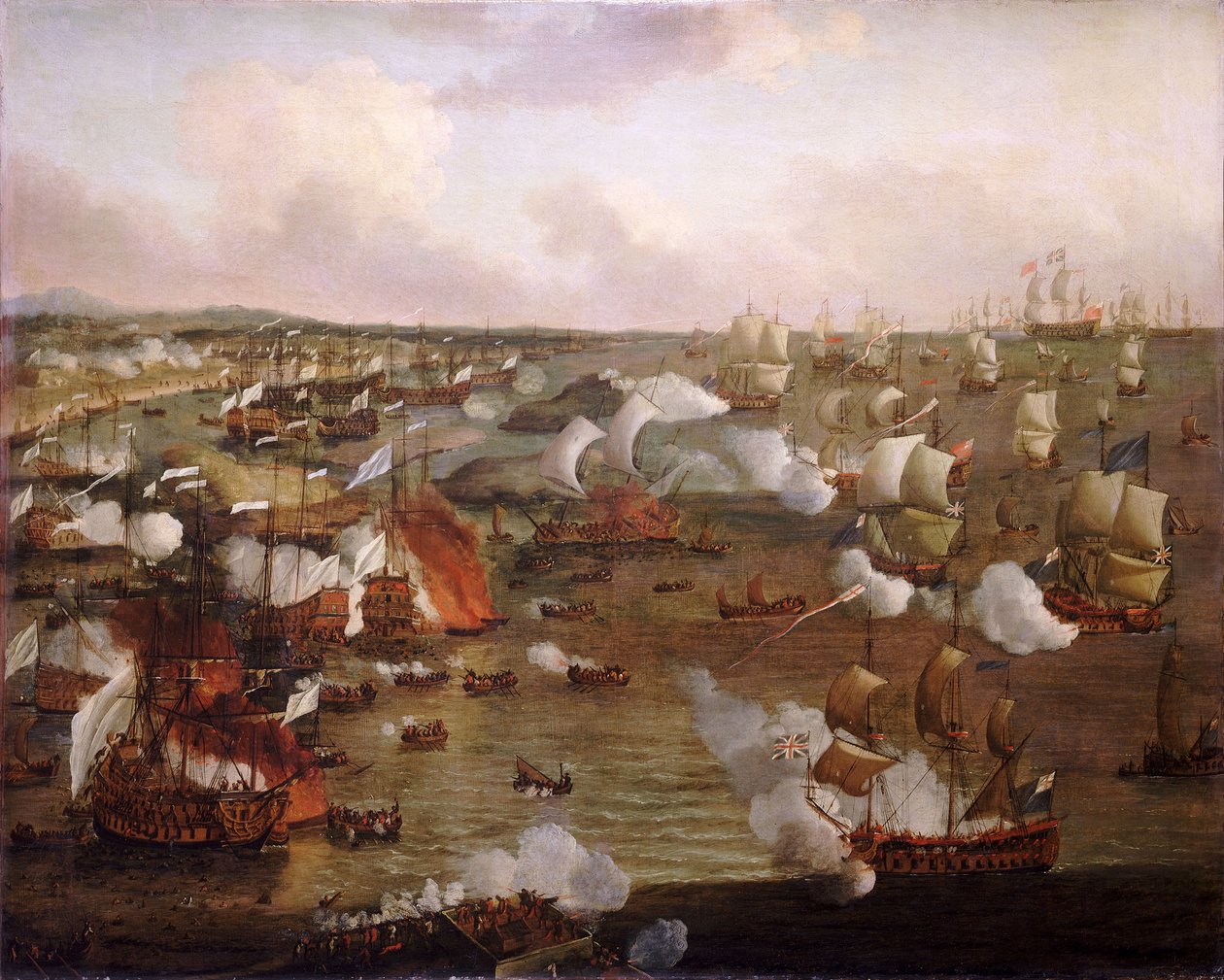 Bränningen av franska fartyg i slaget vid La Hogue, 23 maj 1692, slutet av 1600-talet (olja på duk) av Willem van de Velde the Younger