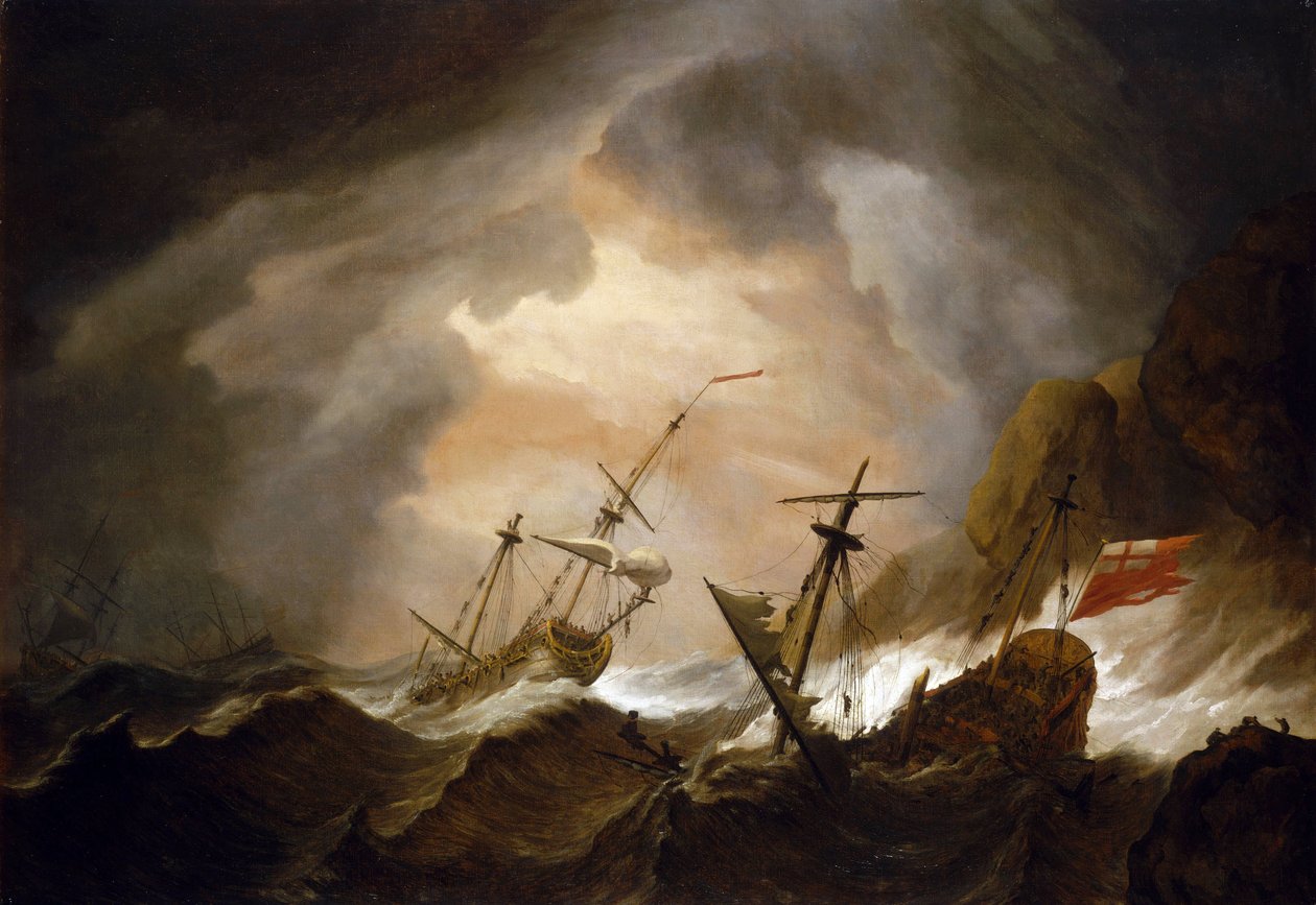 Två brittiska fartyg förliser i stormen nära en klippig kust. Olja på duk, omkring 1700, av Willem van de Velde (1633-1707). av Willem van de Velde the Younger