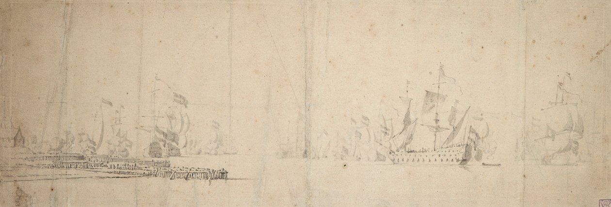 En holländsk flotta på väg ut från en pir, ca 1665 (grafit, grå lav) av Willem van de the Elder Velde