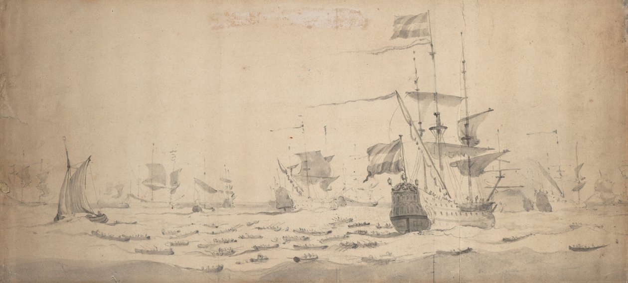 En holländsk flotta som ligger i en bris: ett krigsråd, ca 1665 (grafit, grå lav) av Willem van de the Elder Velde