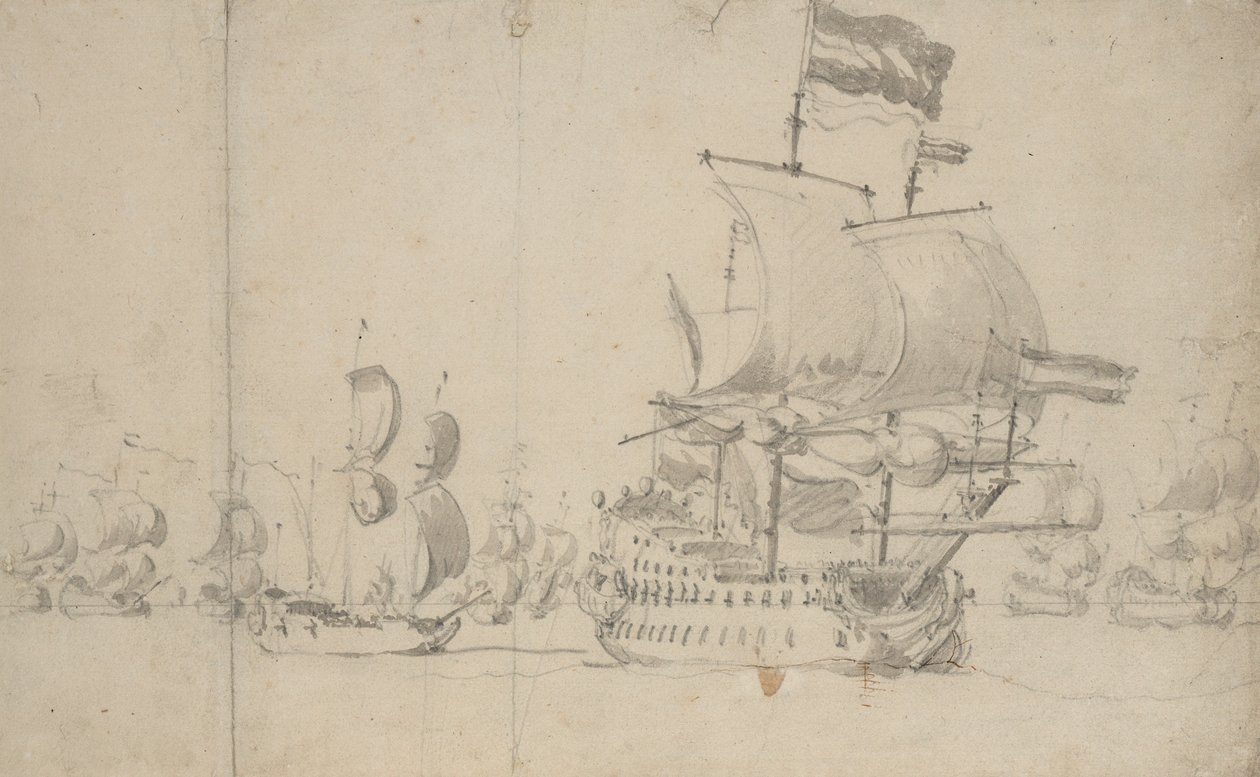 Ett holländskt flaggskepp med ett expeditionsfartyg på sin sida, maj 1672, ca 1672 (blyerts, lavering) av Willem van de the Elder Velde
