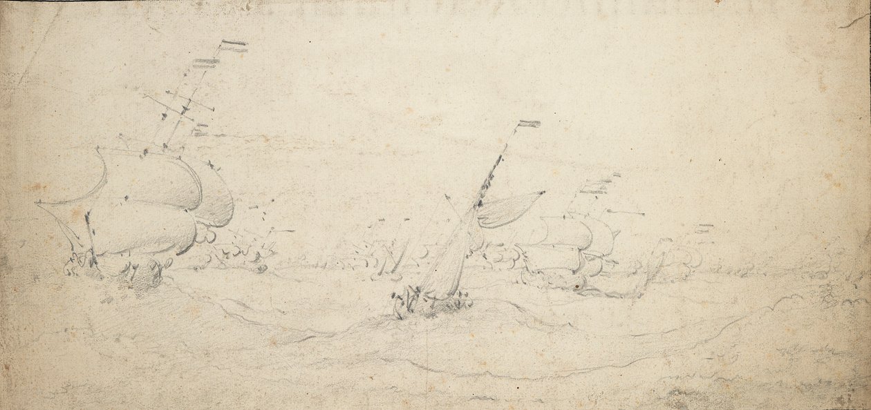 En holländsk eskader på väg mot lovart i hård sjö, ca 1672 (grafit) av Willem van de the Elder Velde