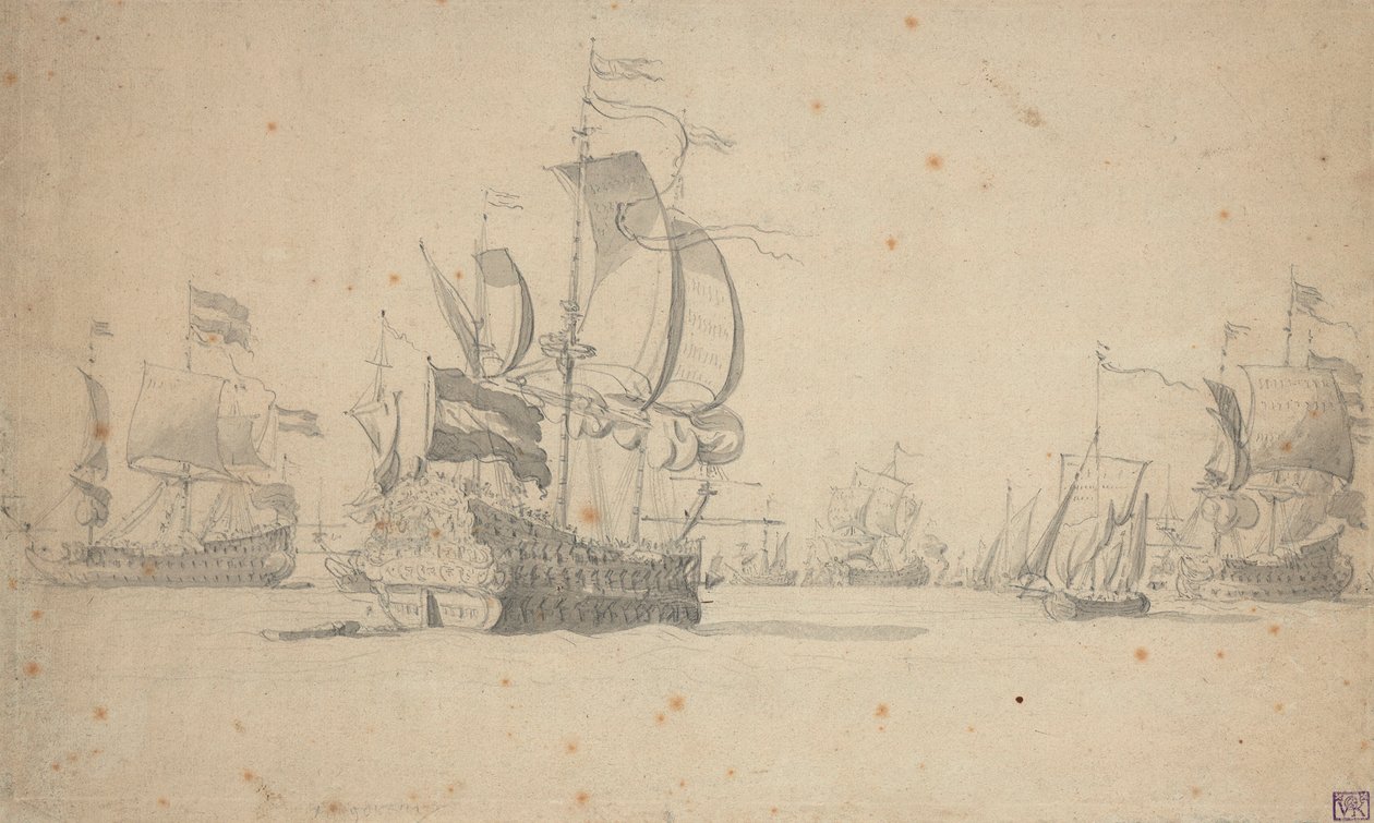 En holländsk eskader i stridslinje, maj 1672, ca 1672 (blyerts, lavering) av Willem van de the Elder Velde