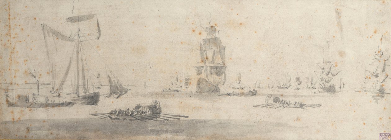 En galliot i lätta vindar och flera pråmar, ca 1681 (grafit, grå lav) av Willem van de the Elder Velde