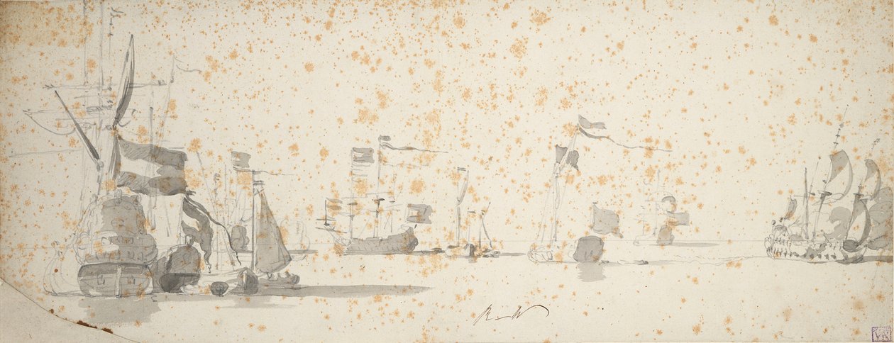 En statlig yacht och holländska fartyg för ankar, ca 1664 (grafit, grå lav) av Willem van de the Elder Velde
