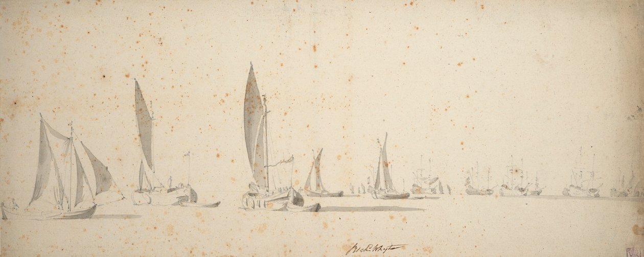 En dragbåt, wijdschips och waterschips i en lätt bris, ca 1664 (grafit, grå lav) av Willem van de the Elder Velde