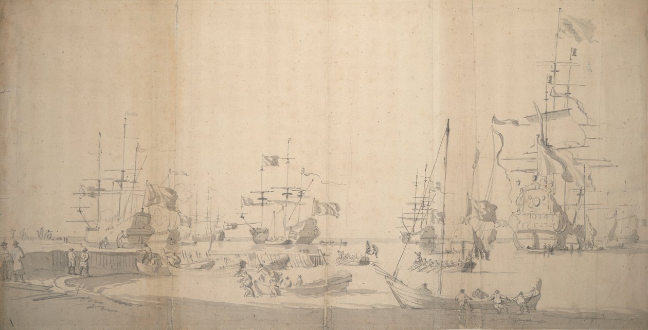 En weyschuit dras iland i en trång hamn, ca 1672 (grafit) av Willem van de the Elder Velde
