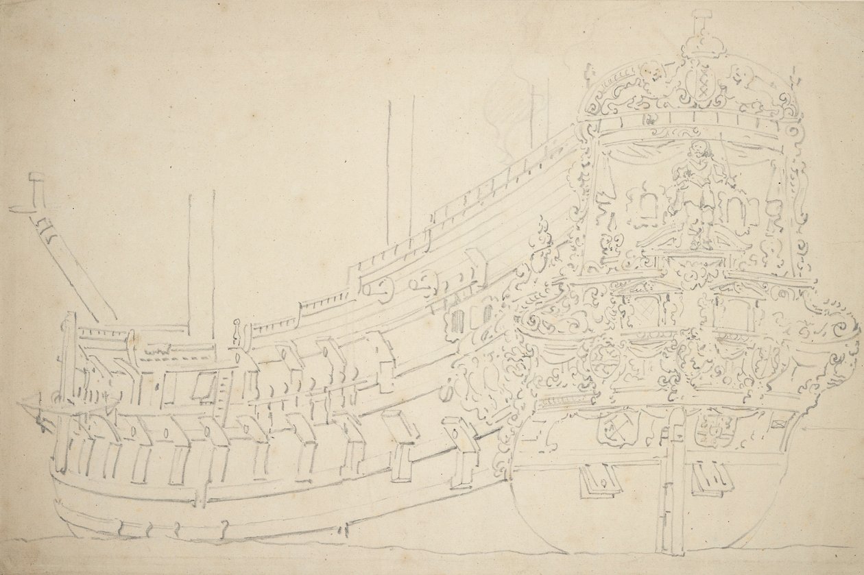Ett Amsterdamfartyg, möjligen en Indiaman, med ca 50 kanoner, ca 1670 (grafit) av Willem van de the Elder Velde