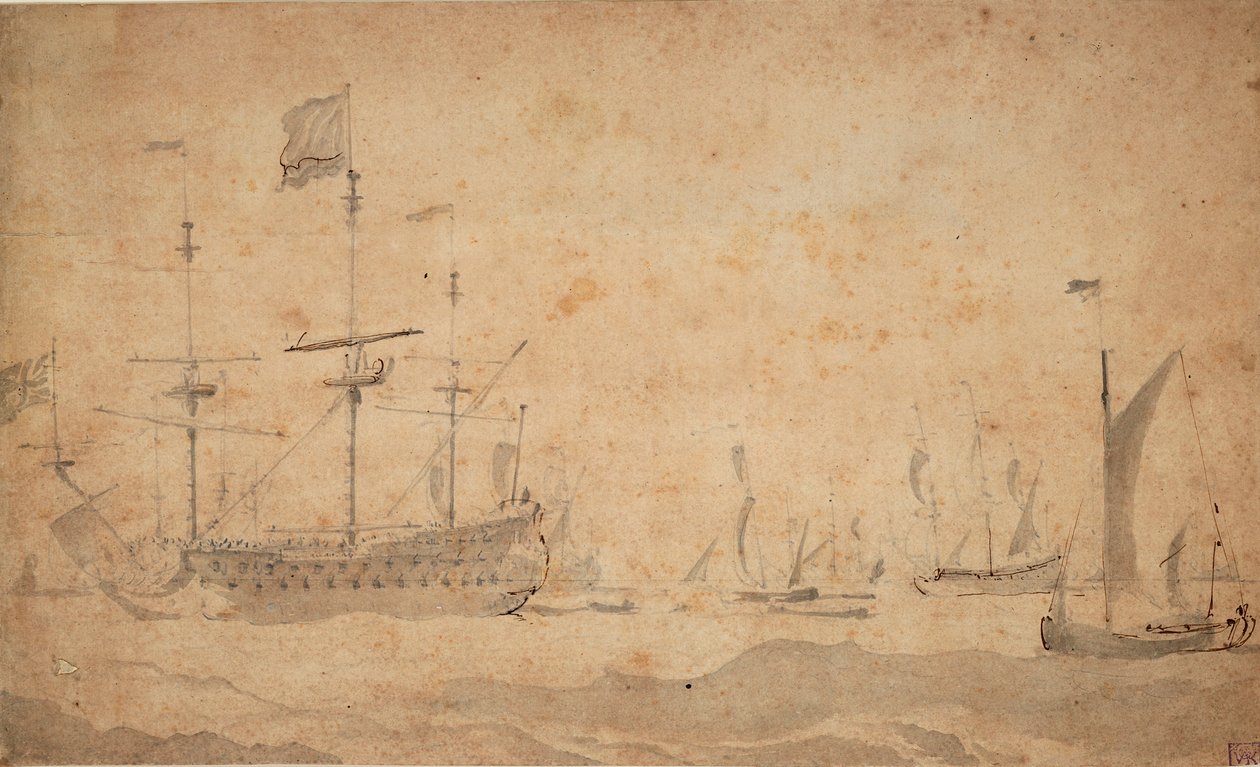 Ett engelskt flaggskepp för ankar, möjligen i juni 1673, ca 1673 (grå lavering) av Willem van de the Elder Velde