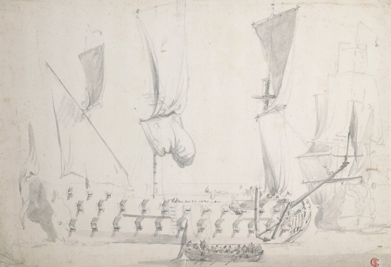 En engelsk fjärdeklassare i lätta vindar, ca 1681 (grafit, grå lav) av Willem van de the Elder Velde