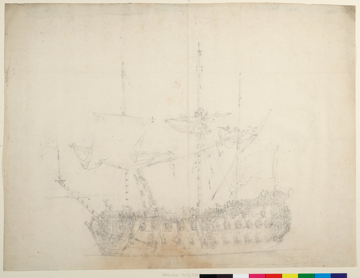 Ett engelskt fartyg av tredje klass med 60 kanoner sett från babords bog, ca 1673 (offset) av Willem van de the Elder Velde