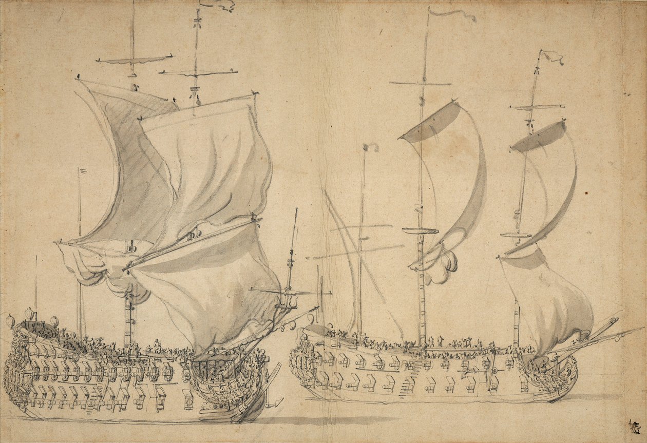 En engelsk tredje- och fjärdeklassare under lätt segel, ca 1677 (blyerts, lavering) av Willem van de the Elder Velde
