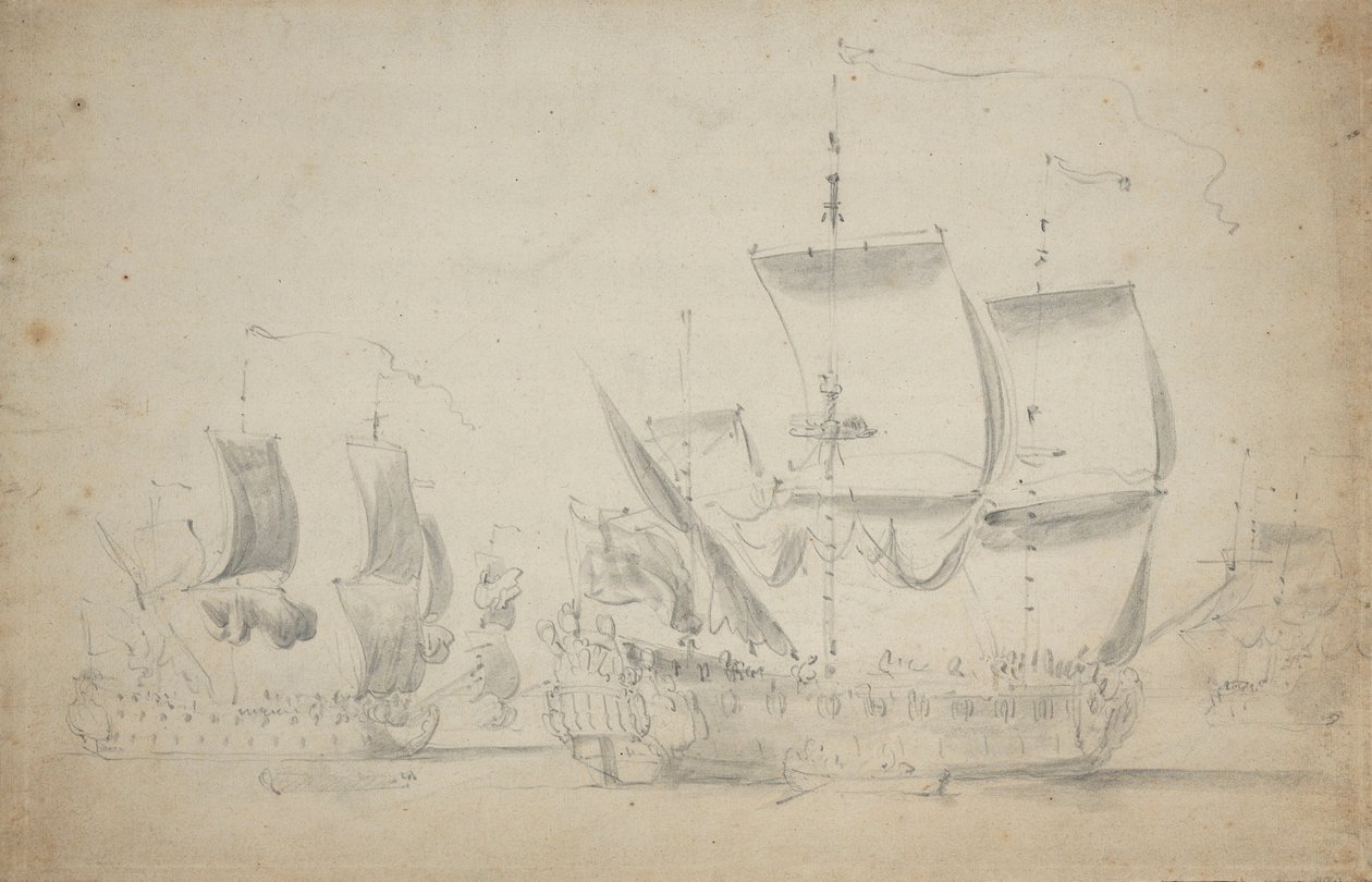 En engelsk tvådäckare under lätt segel, ca 1675 (blyerts, lavering) av Willem van de the Elder Velde