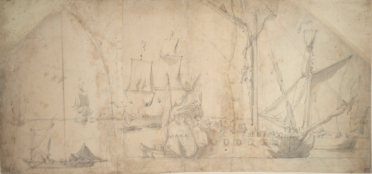 En engelsk yacht för ankar med inrullat segel av Willem van de the Elder Velde