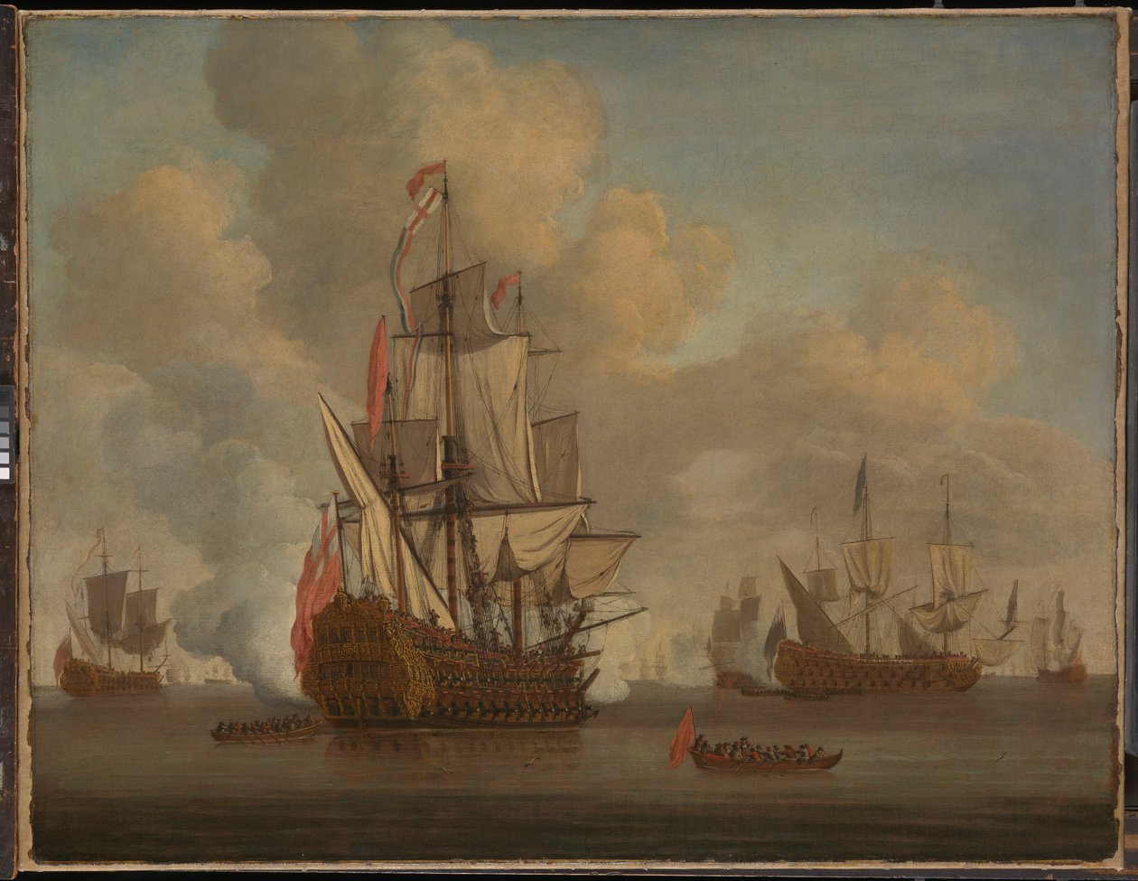 Calm: en engelsk tvådäckare med lossade segel som avfyrar en salut av Willem van de the Elder Velde