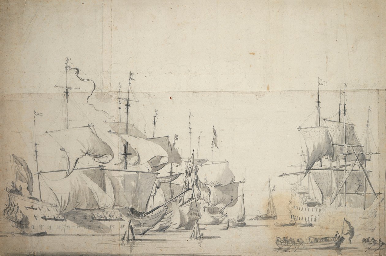 Holländska stridsfartyg torkar segel, ca 1658 (grafit, grå tvätt) av Willem van de the Elder Velde