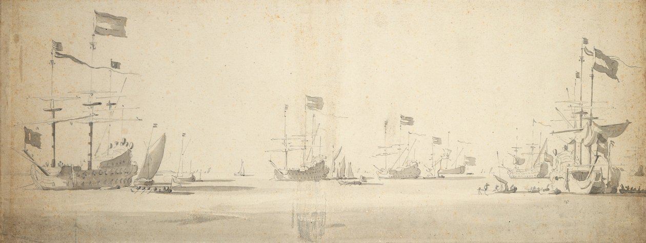Holländska flaggskepp för ankar med båtar bredvid, ca 1664 (grafit, grå lav) av Willem van de the Elder Velde