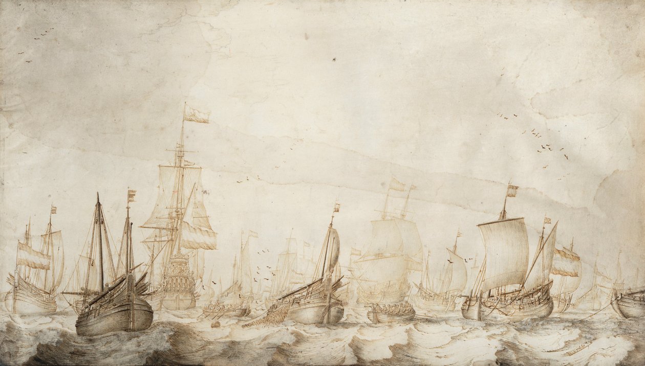 Holländska sillfiskefartyg i Nordsjön. Teckning i bläck och lavering (27,4x47,6 cm) av William van de Velde d.ä. (ca 1611-1693), omkring 1650. av Willem van de the Elder Velde
