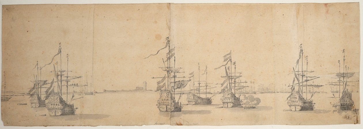 Holländska fartyg för ankar utanför en låg strand, ca 1658 (grafit, grå lav) av Willem van de the Elder Velde