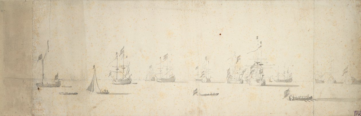 Holländska fartyg för ankar utanför land, ca 1664 (grafit, grå lav) av Willem van de the Elder Velde