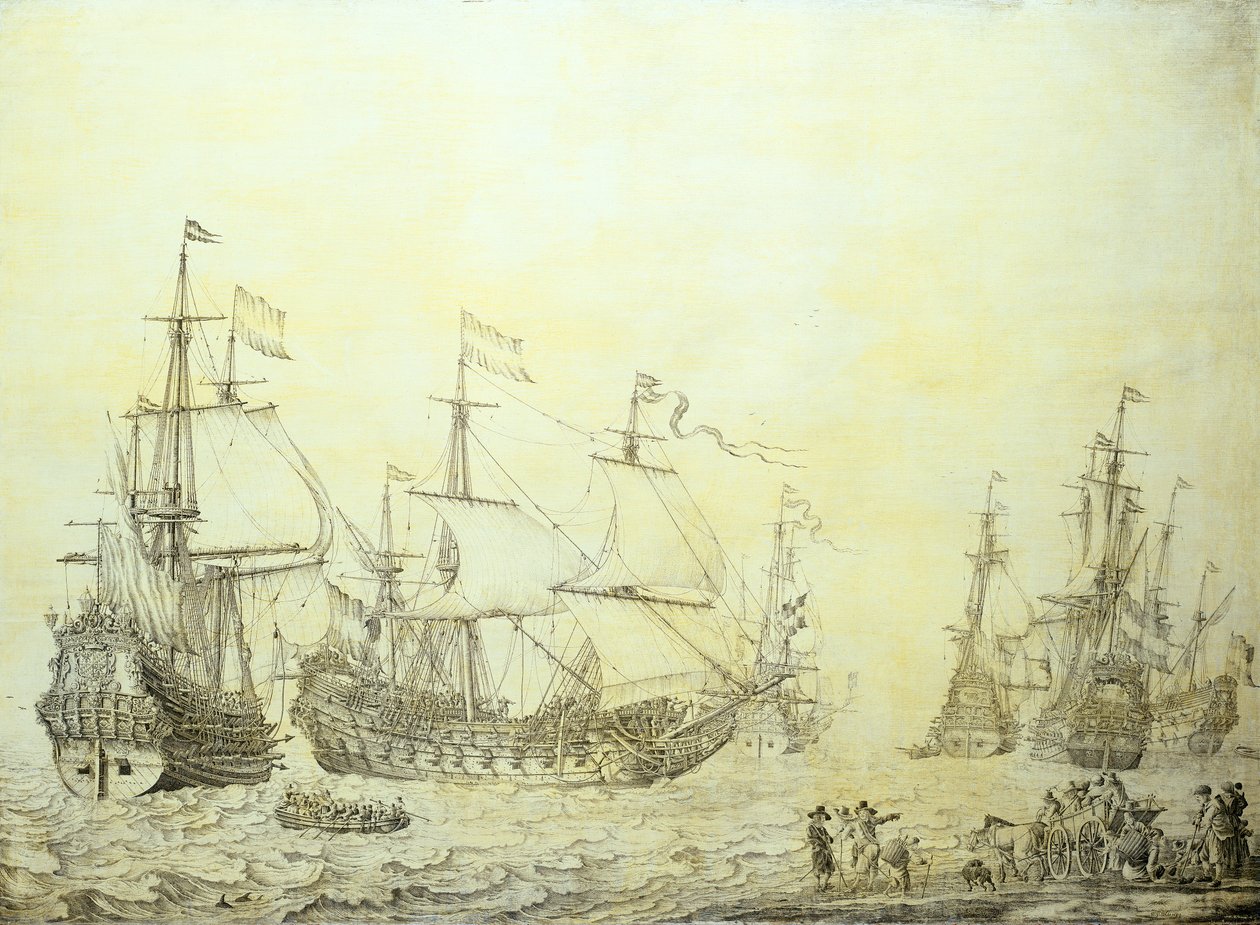 Holländska fartyg ankrar upp nära stranden av Willem van de the Elder Velde