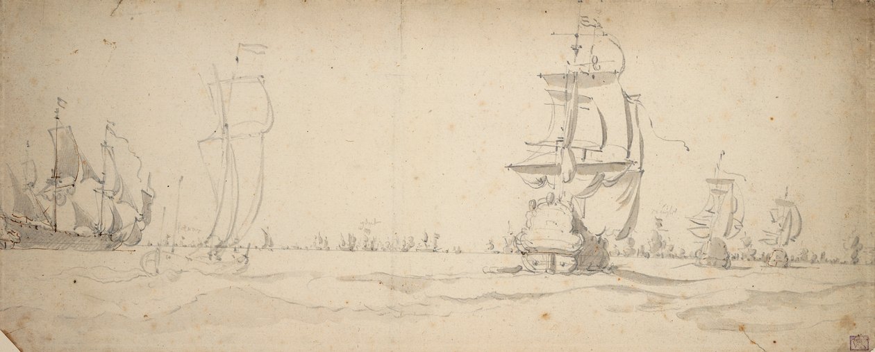 Holländska fartyg på väg ner mot huvudflottan, maj 1672, ca 1672 (grafit, grå lav) av Willem van de the Elder Velde