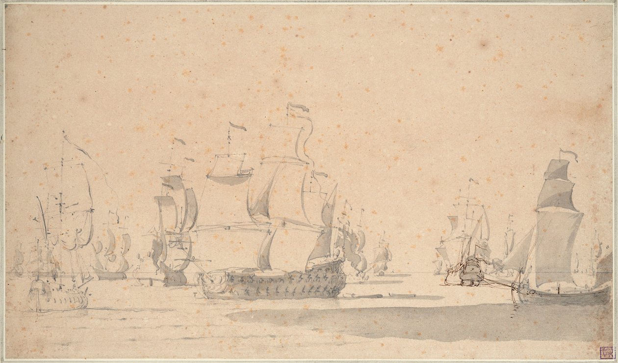 Engelska fartyg, en ketch och en galliot i en lätt bris, juni 1673, ca 1673 (blyerts, lavering, penna, brunt bläck) av Willem van de the Elder Velde